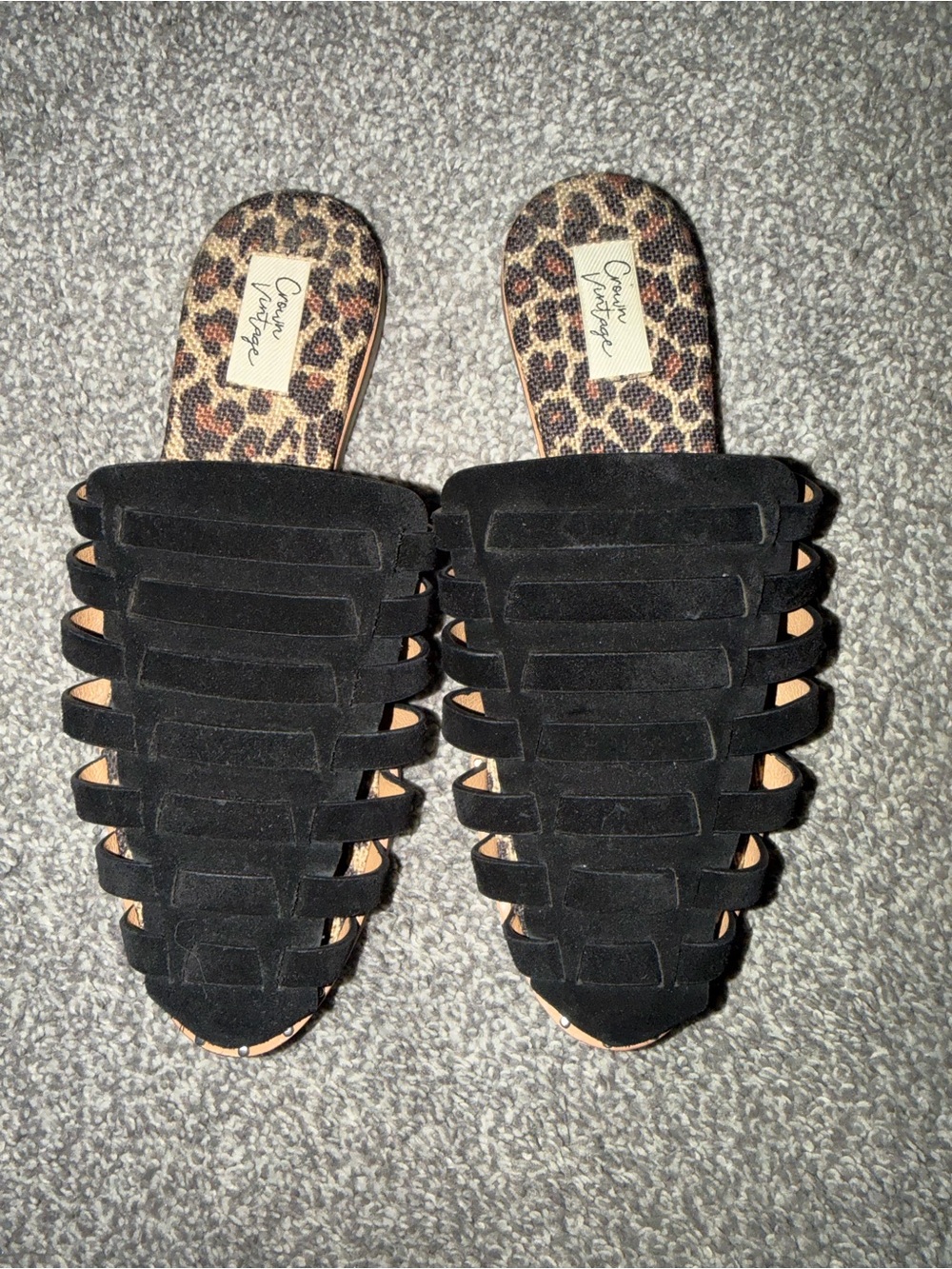 Crown Vintage Studded Black Strappy Suede Leopard Insole Slide Mules